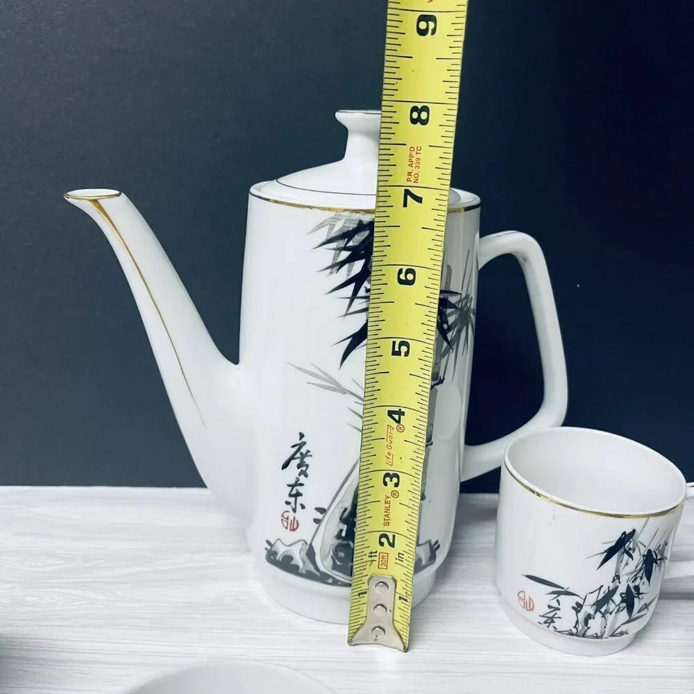 Vintage Japanese Saki Tea Pot Porcelain 6 Cups Set Gold Trim Bamboo